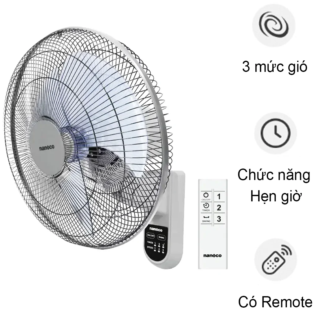 Quạt Treo Remote Nanoco NWF1612RC Màu Xám