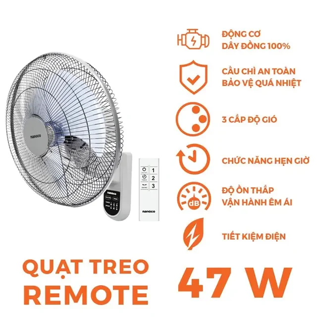 Quạt Treo Remote Nanoco NWF1612RC Màu Xám