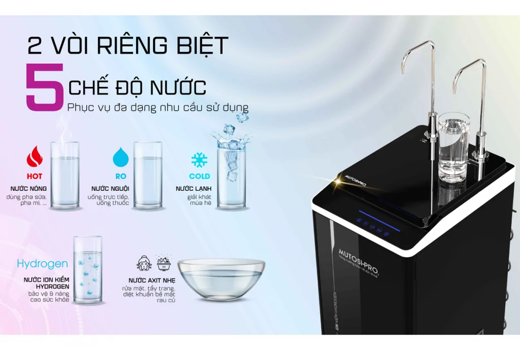 Máy Lọc Nước Điện Giải iON Kiềm Hydrogen Nóng Lạnh Nguội Mutosi MP-P89K 9 Lõi 3 Tấm Điện Cực