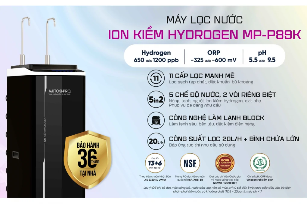 Máy Lọc Nước Điện Giải iON Kiềm Hydrogen Nóng Lạnh Nguội Mutosi MP-P89K 9 Lõi 3 Tấm Điện Cực